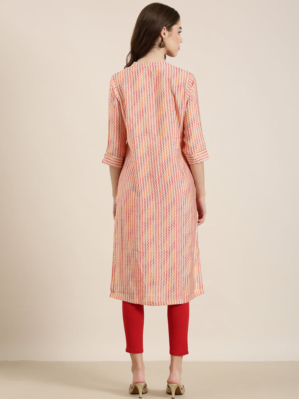 Women's Multi Geometrical Mandarin Collar Roll-Up Sleeves Straight Kurta