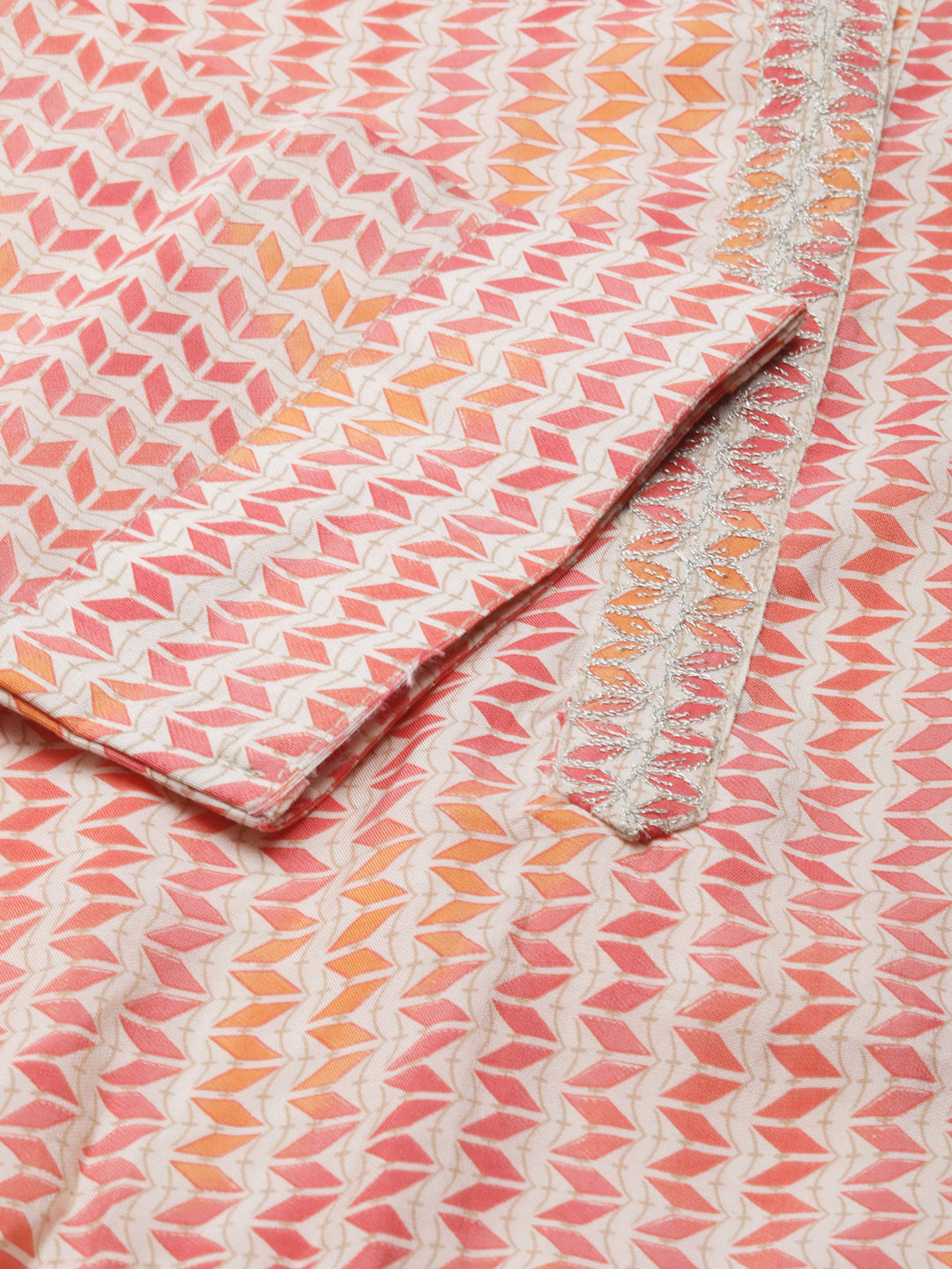 Women's Multi Geometrical Mandarin Collar Roll-Up Sleeves Straight Kurta