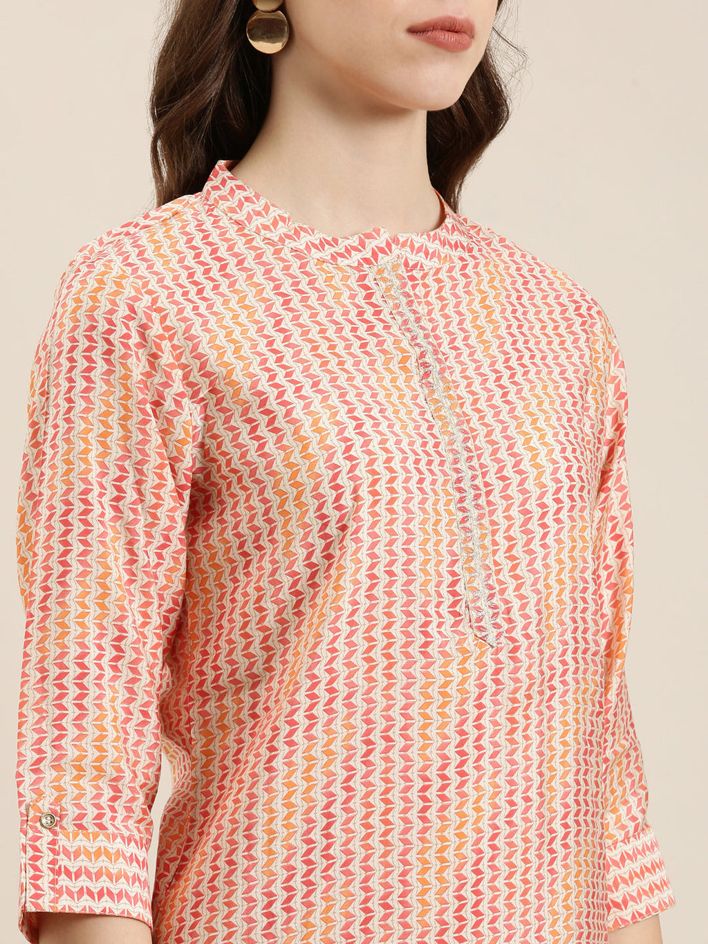 Women's Multi Geometrical Mandarin Collar Roll-Up Sleeves Straight Kurta