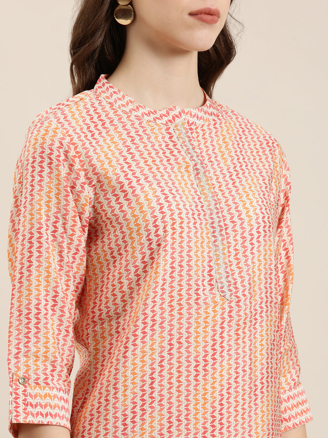 Women's Multi Geometrical Mandarin Collar Roll-Up Sleeves Straight Kurta