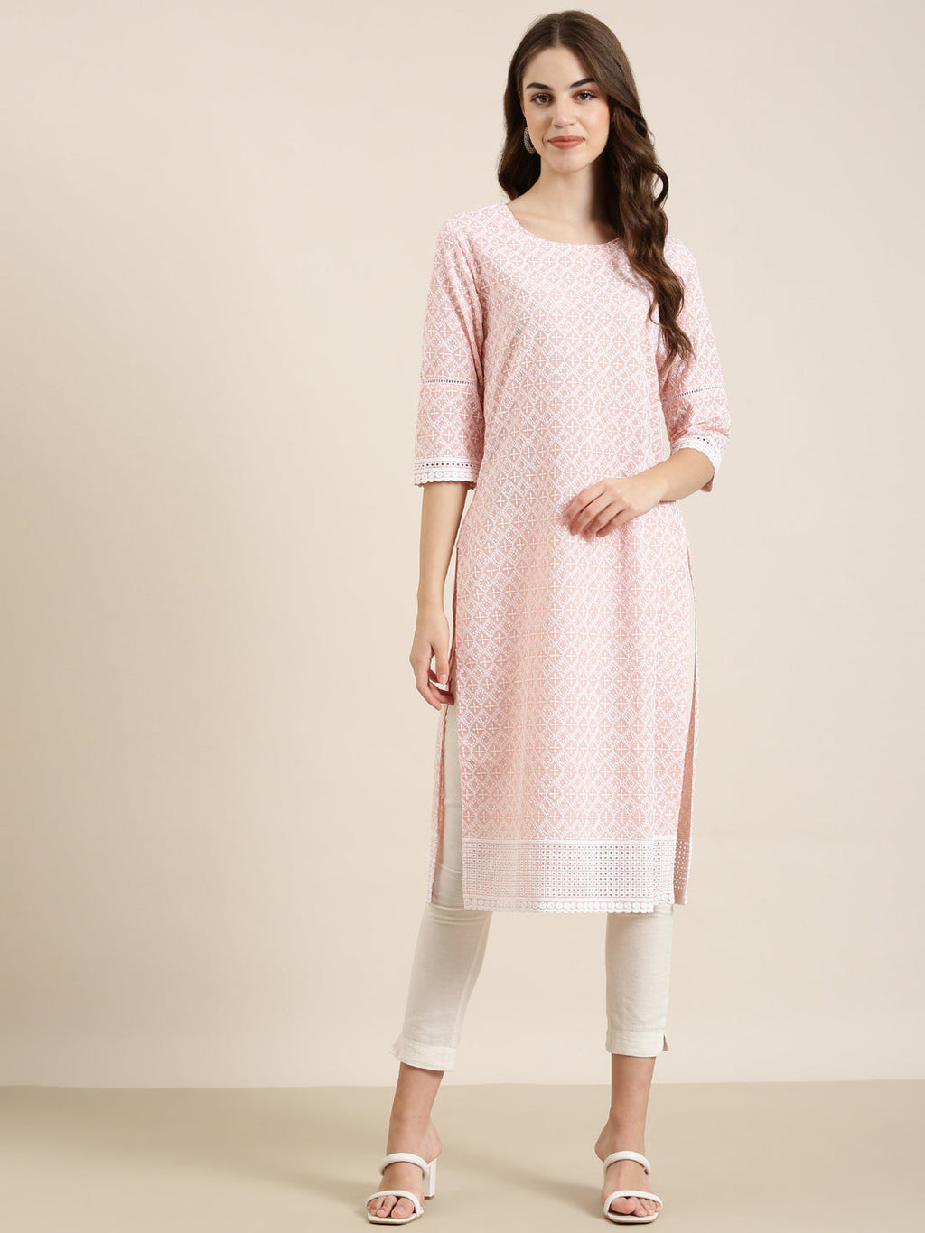 Women's Peach Ethnic Motifs Thread Work Straight Kurta