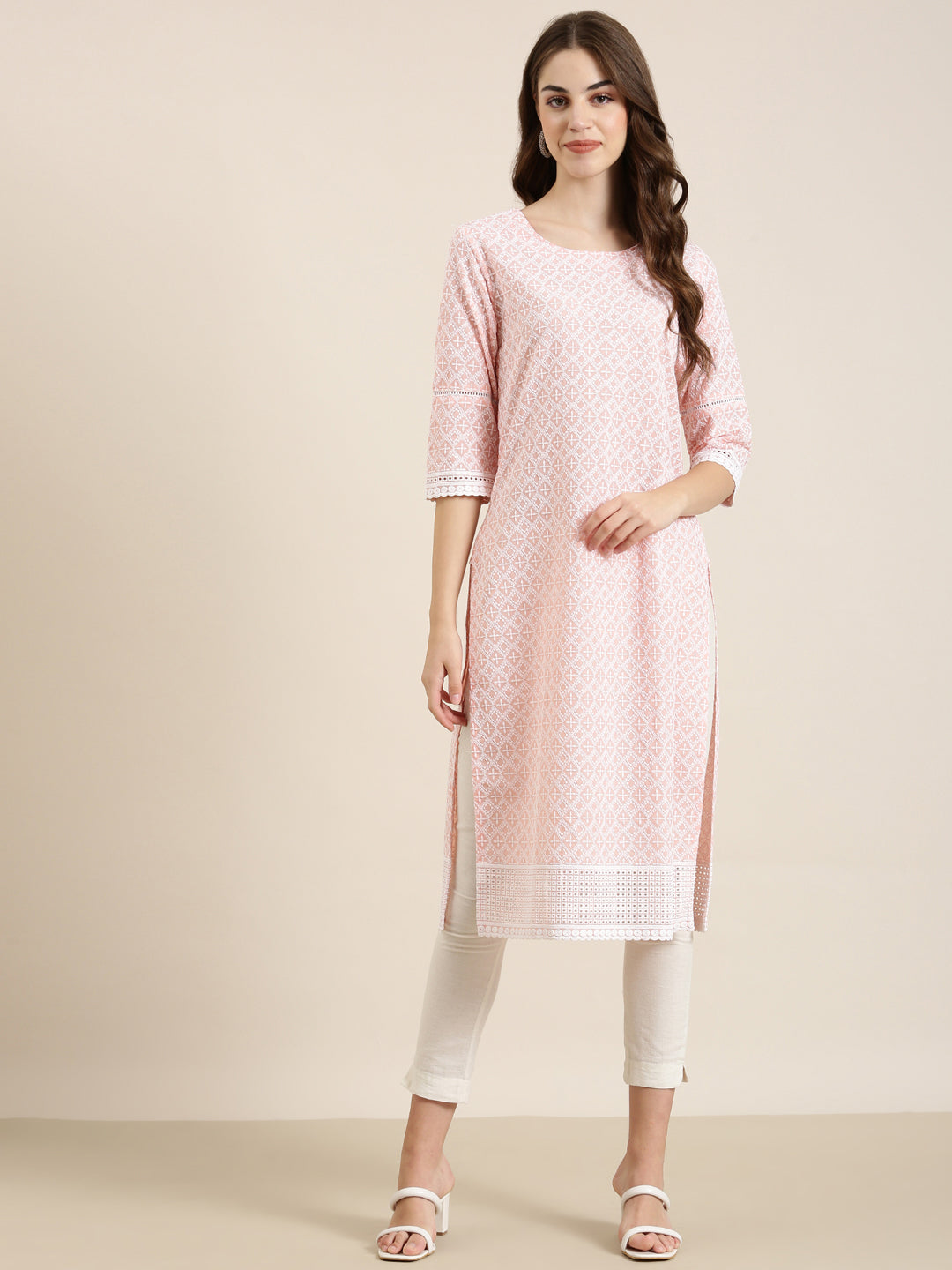 Women's Peach Ethnic Motifs Thread Work Straight Kurta