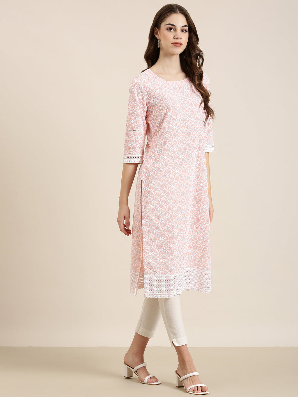 Women's Peach Ethnic Motifs Thread Work Straight Kurta