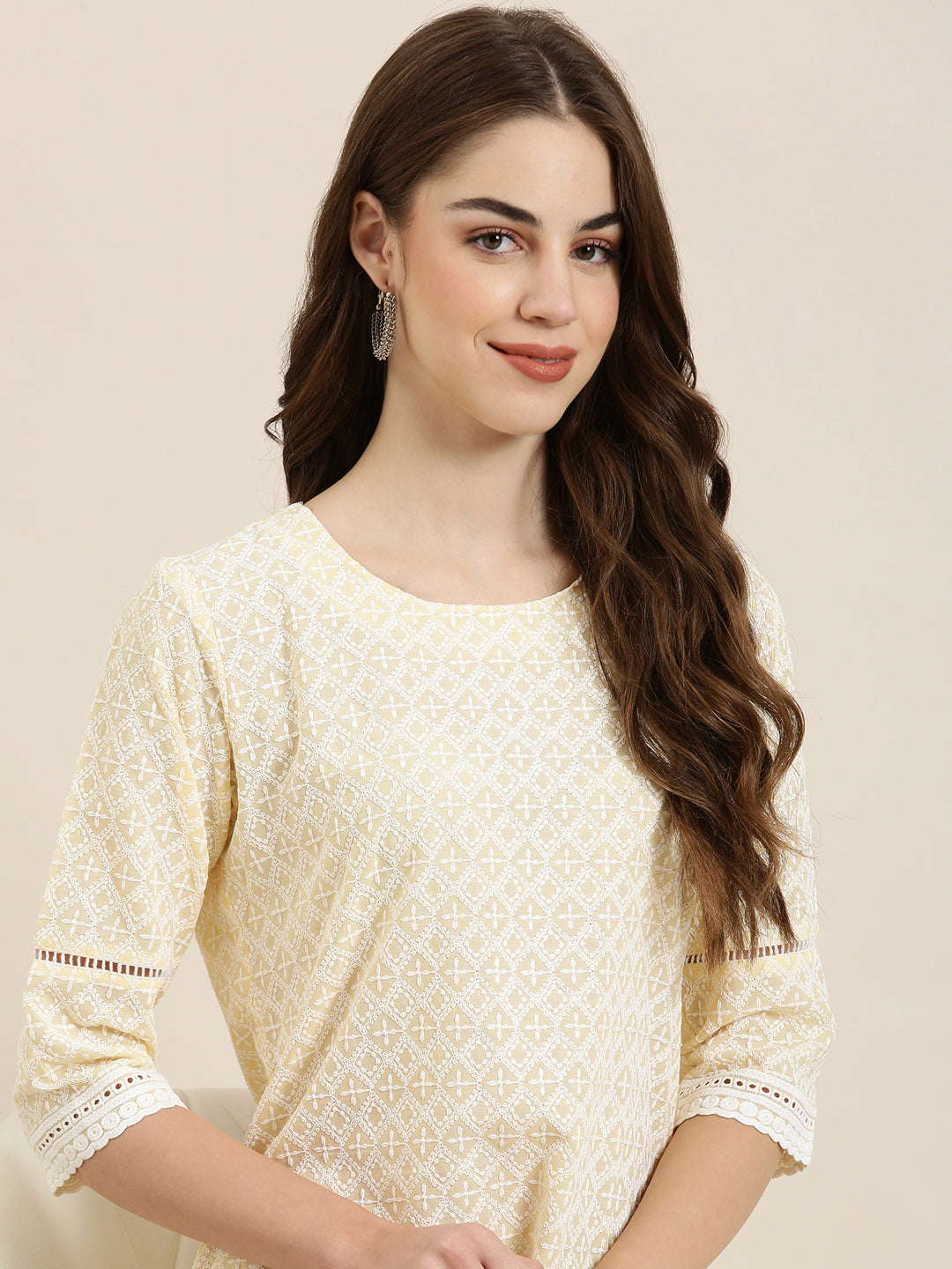 Women's Yellow Floral Embroidered Cotton Straight Kurta