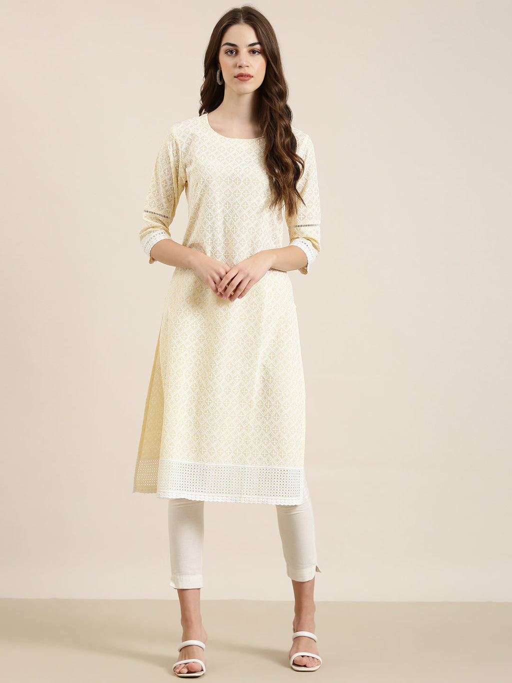 Women's Yellow Floral Embroidered Cotton Straight Kurta