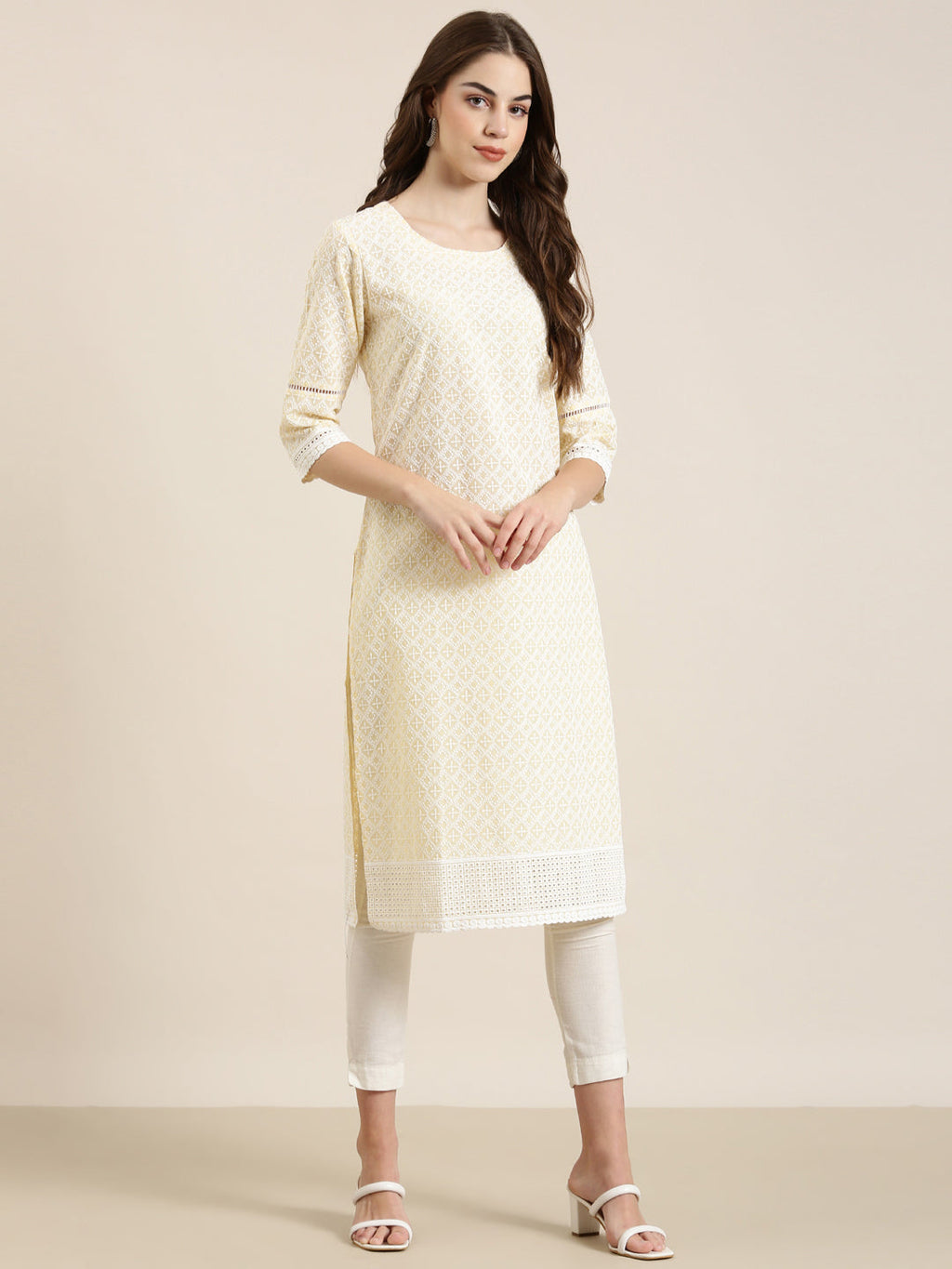 Women's Yellow Floral Embroidered Cotton Straight Kurta