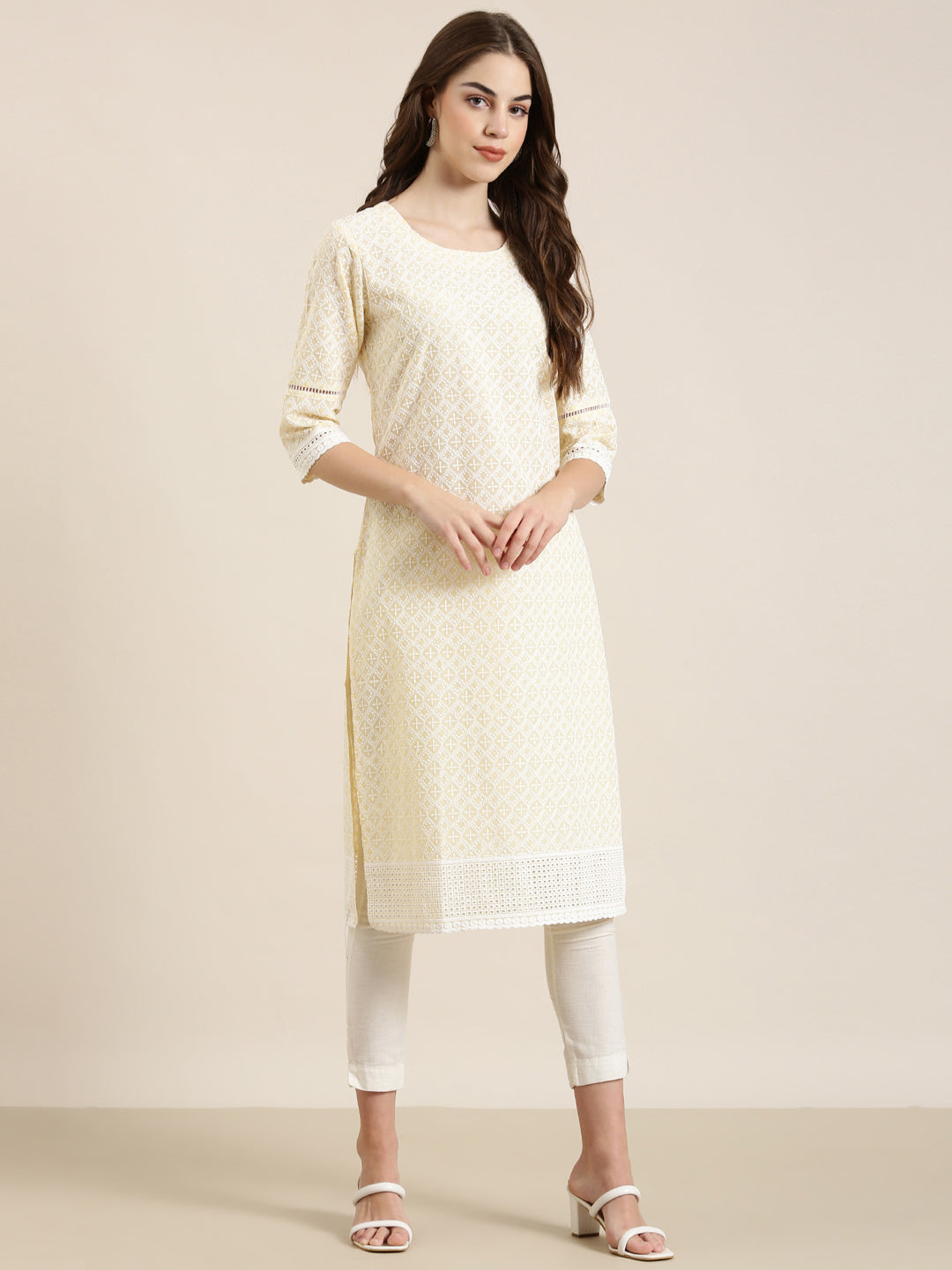 Women's Yellow Floral Embroidered Cotton Straight Kurta