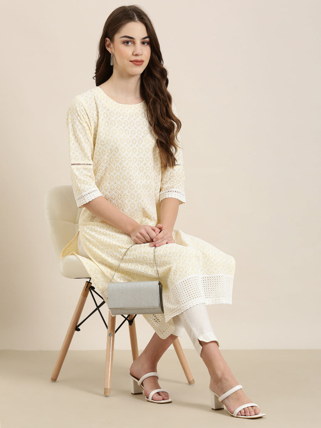 Women's Yellow Floral Embroidered Cotton Straight Kurta
