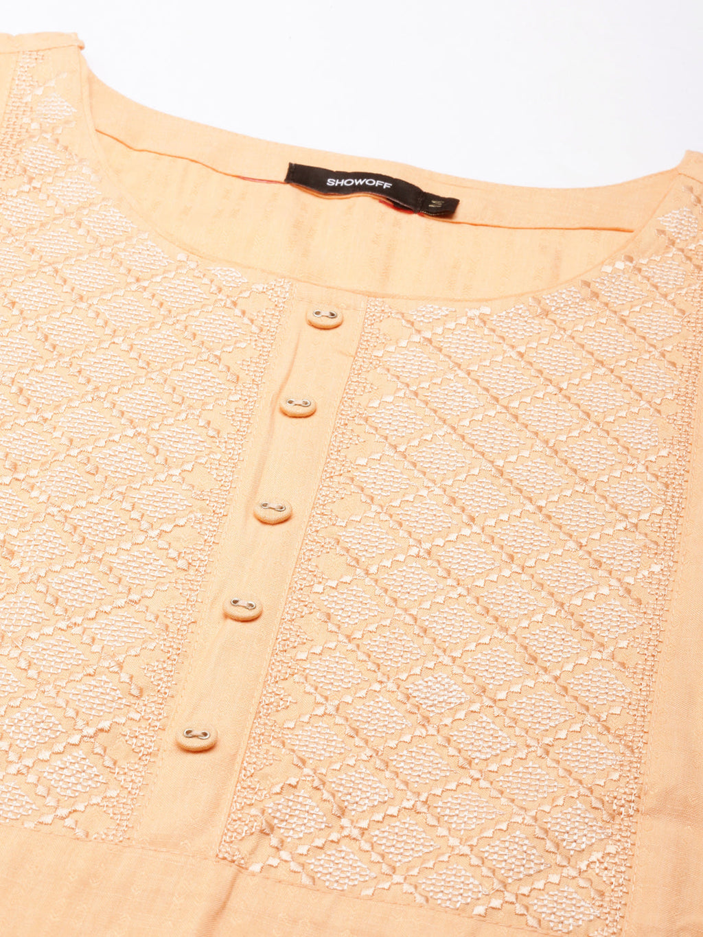 Women's Peach Geometric Embroidered Straight Kurta