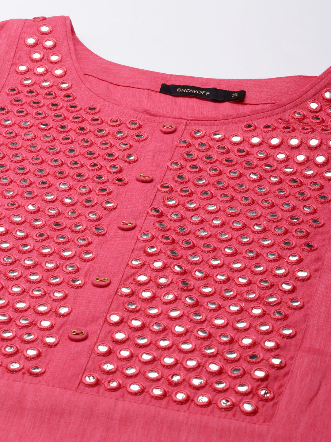 Women's Pink Geometric Yoke Design Mirror Work Straight Kurta