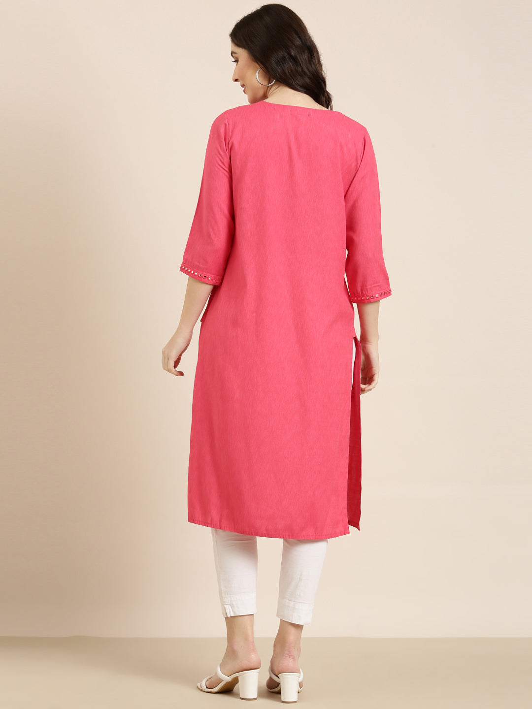 Women's Pink Geometric Yoke Design Mirror Work Straight Kurta