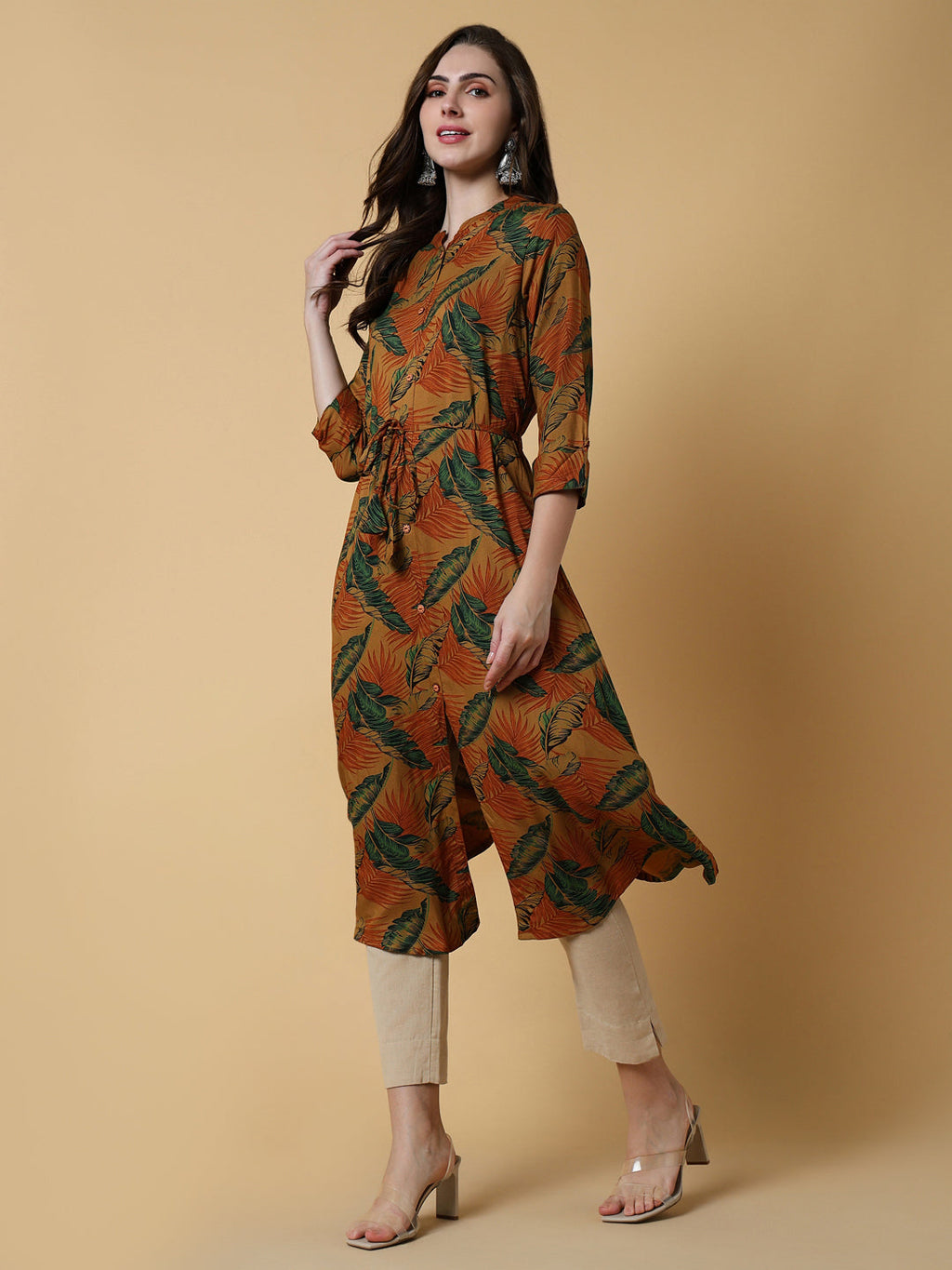 Women's Brown Floral A-Line Kurta