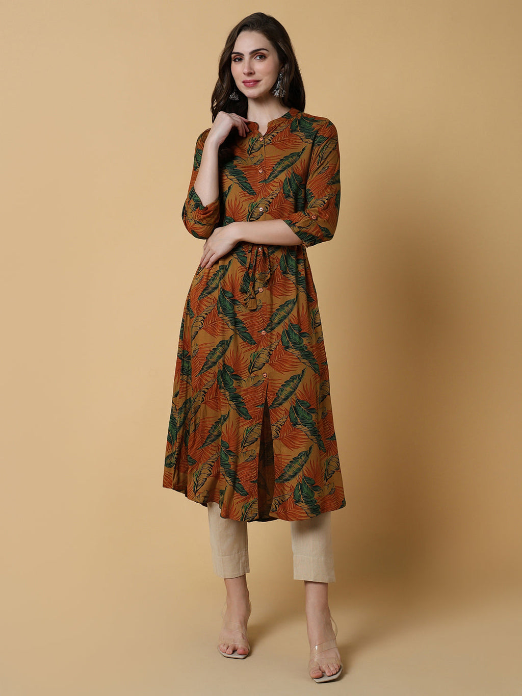 Women's Brown Floral A-Line Kurta