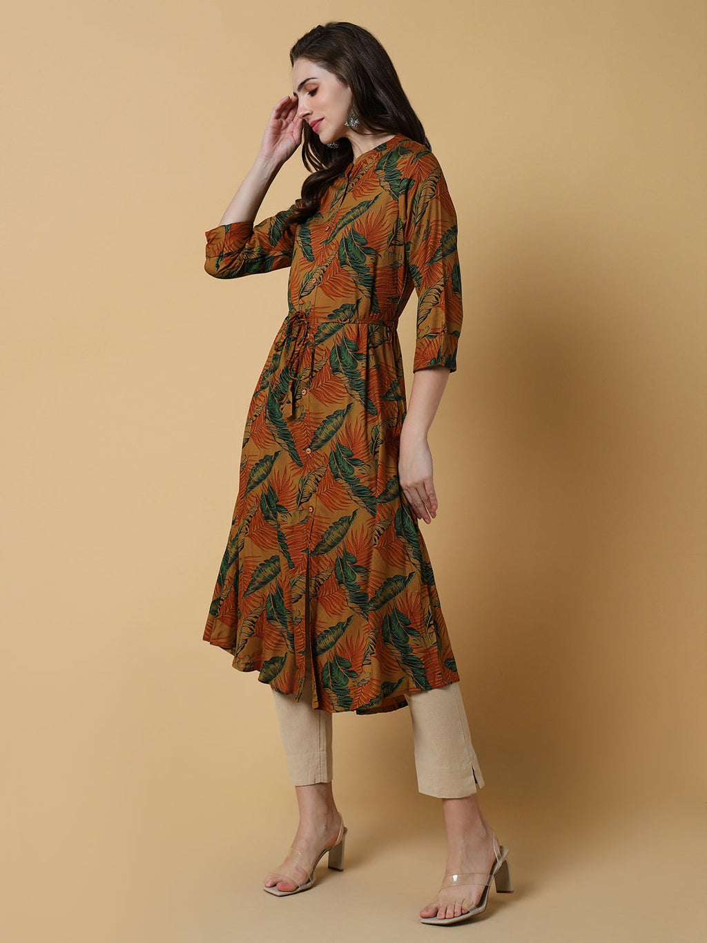 Women's Brown Floral A-Line Kurta