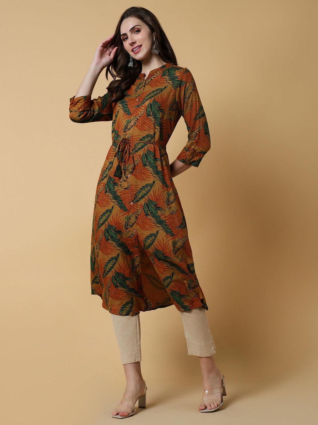 Women's Brown Floral A-Line Kurta
