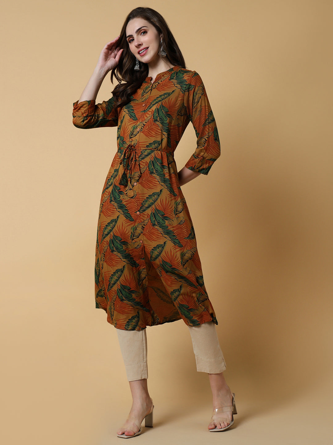Women's Brown Floral A-Line Kurta