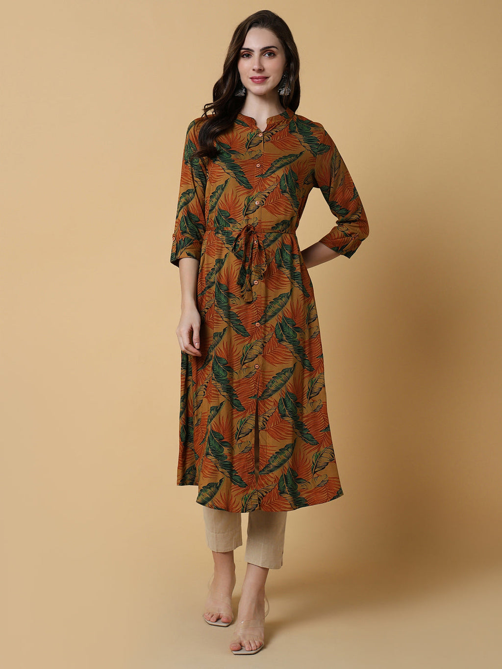 Women's Brown Floral A-Line Kurta