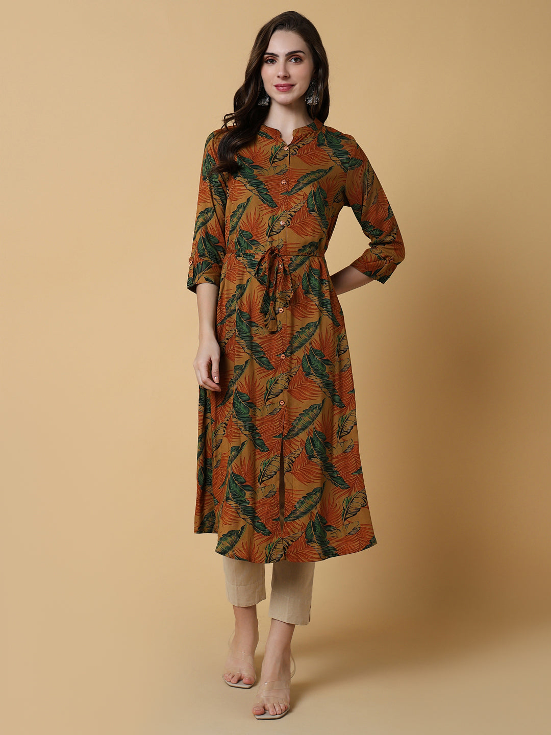 Women's Brown Floral A-Line Kurta
