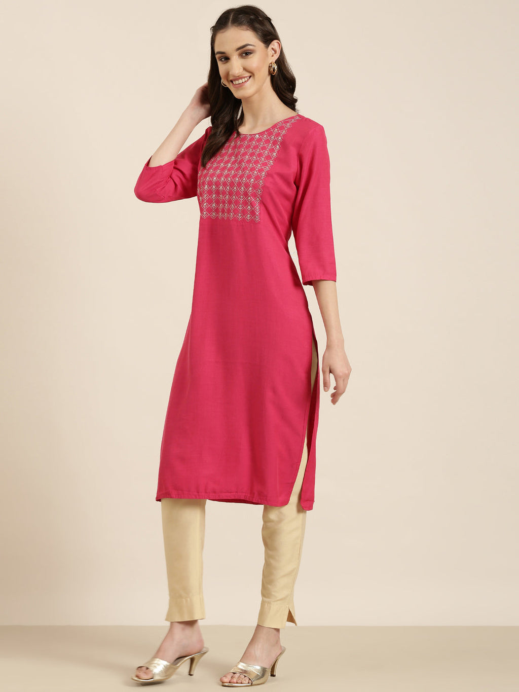 Women's Fuchsia Geometric Straight Kurta