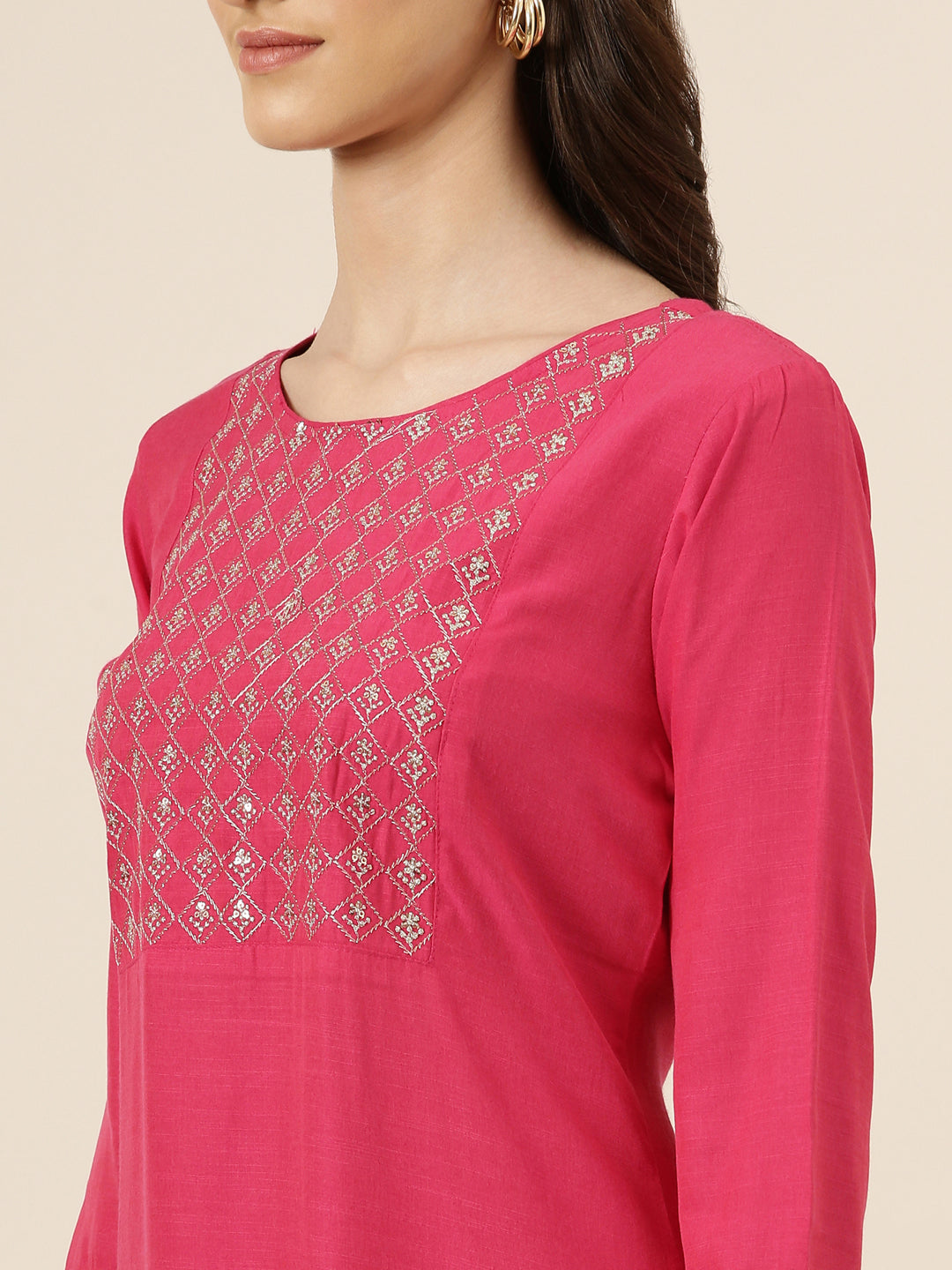 Women's Fuchsia Geometric Straight Kurta
