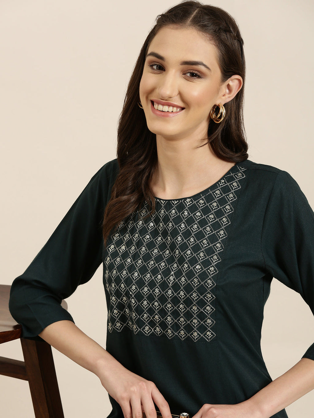 Women's Teal Floral Sequinned Straight Kurta