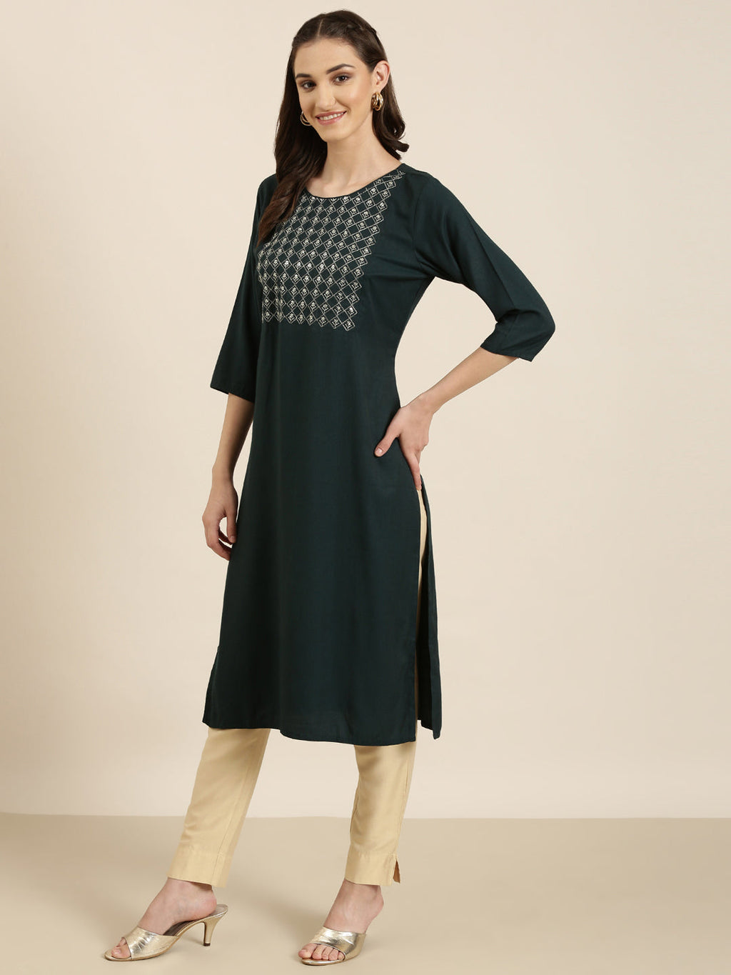 Women's Teal Floral Sequinned Straight Kurta