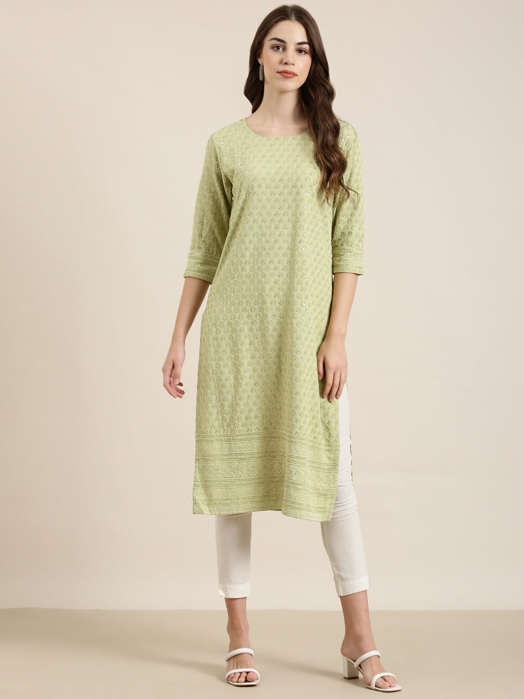 Women's Lime Green Floral Embroidered Sequinned Cotton Straight Kurta