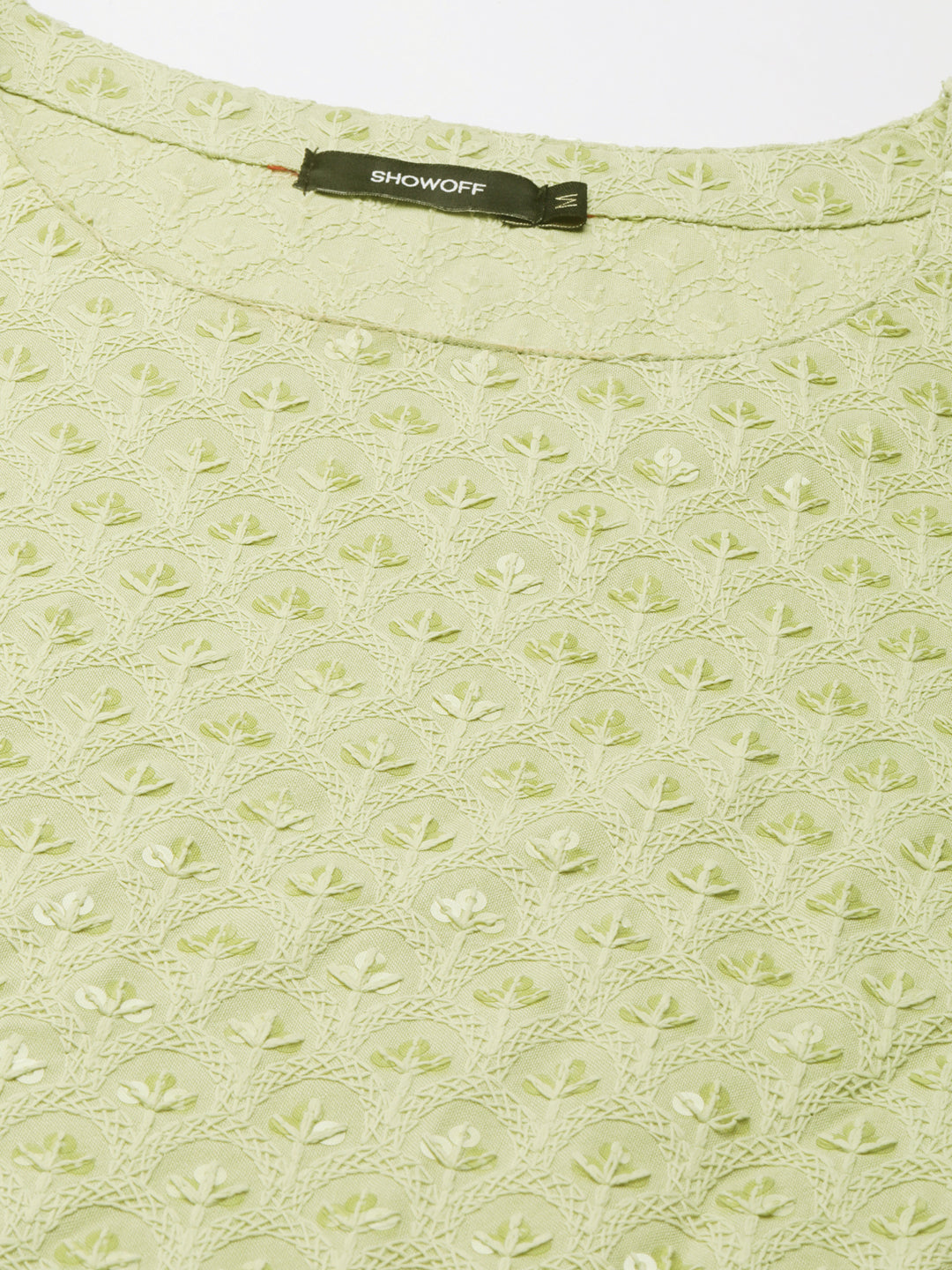 Women's Lime Green Floral Embroidered Sequinned Cotton Straight Kurta