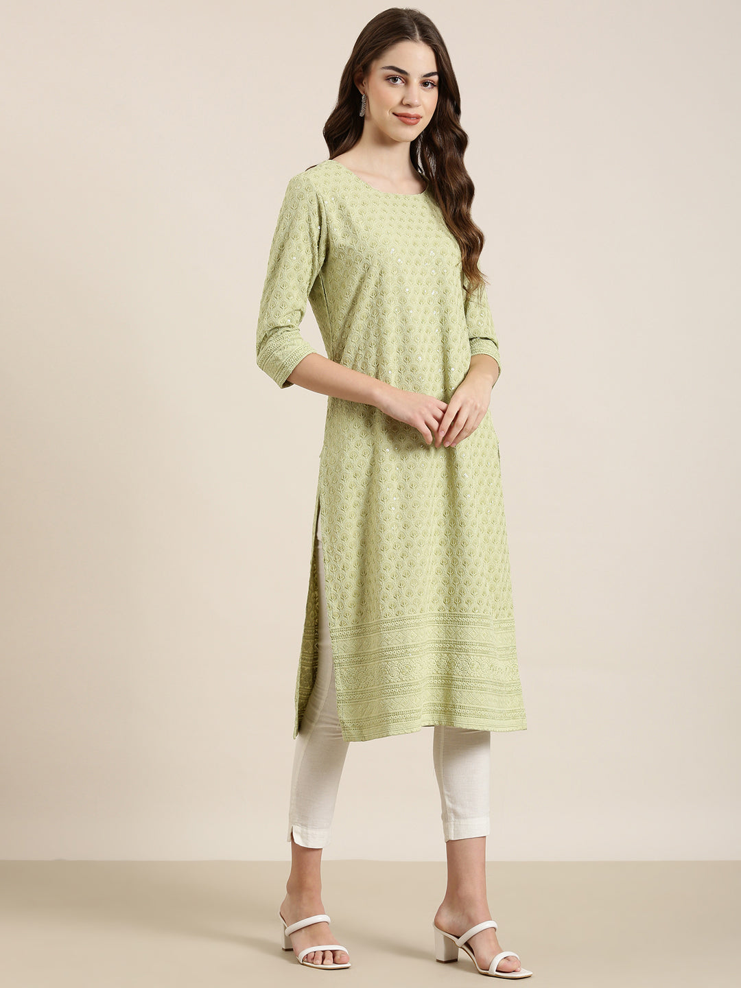 Women's Lime Green Floral Embroidered Sequinned Cotton Straight Kurta