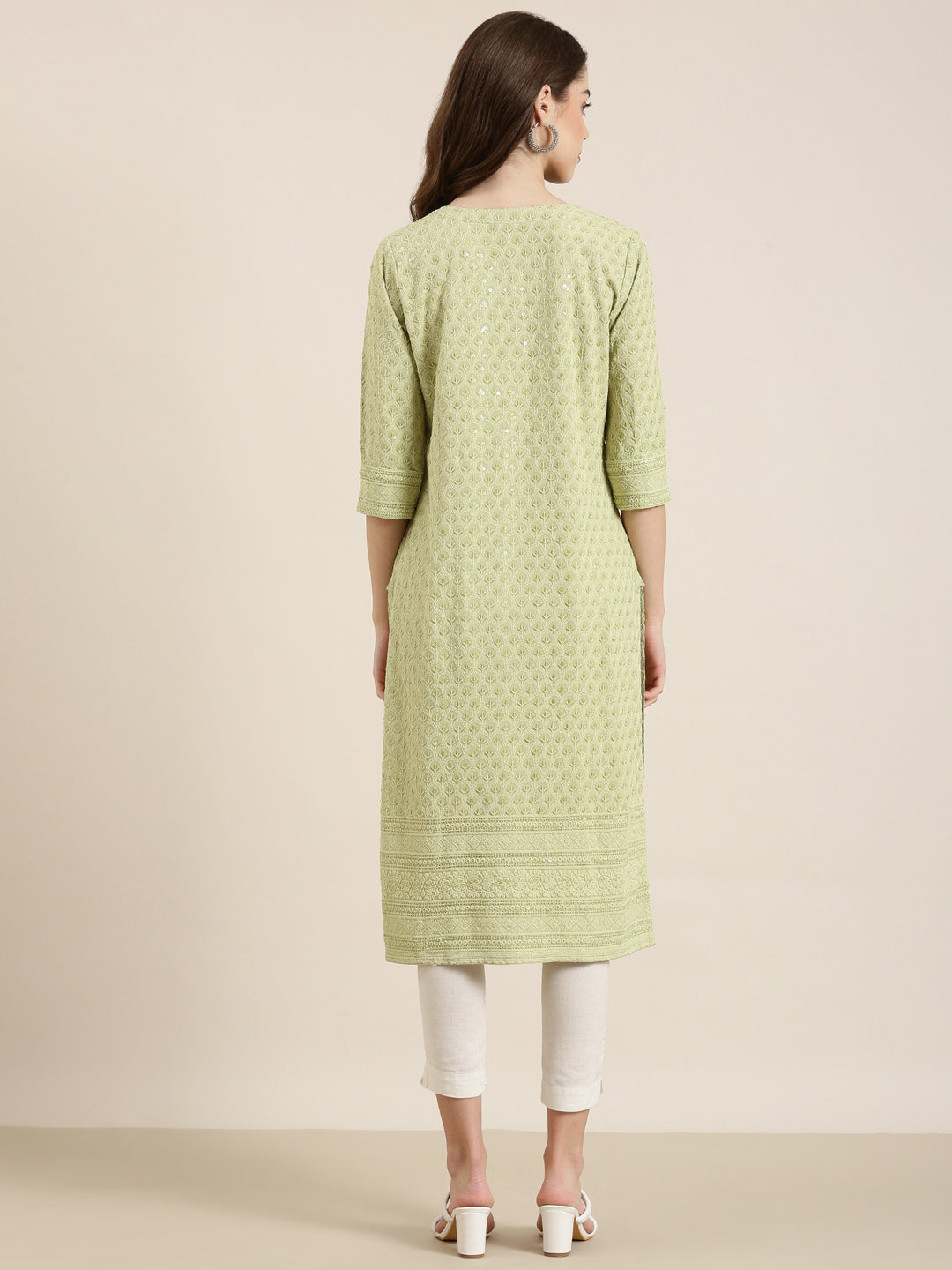 Women's Lime Green Floral Embroidered Sequinned Cotton Straight Kurta