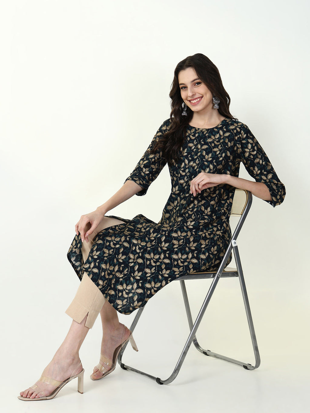 Women's Teal Floral Straight Kurta