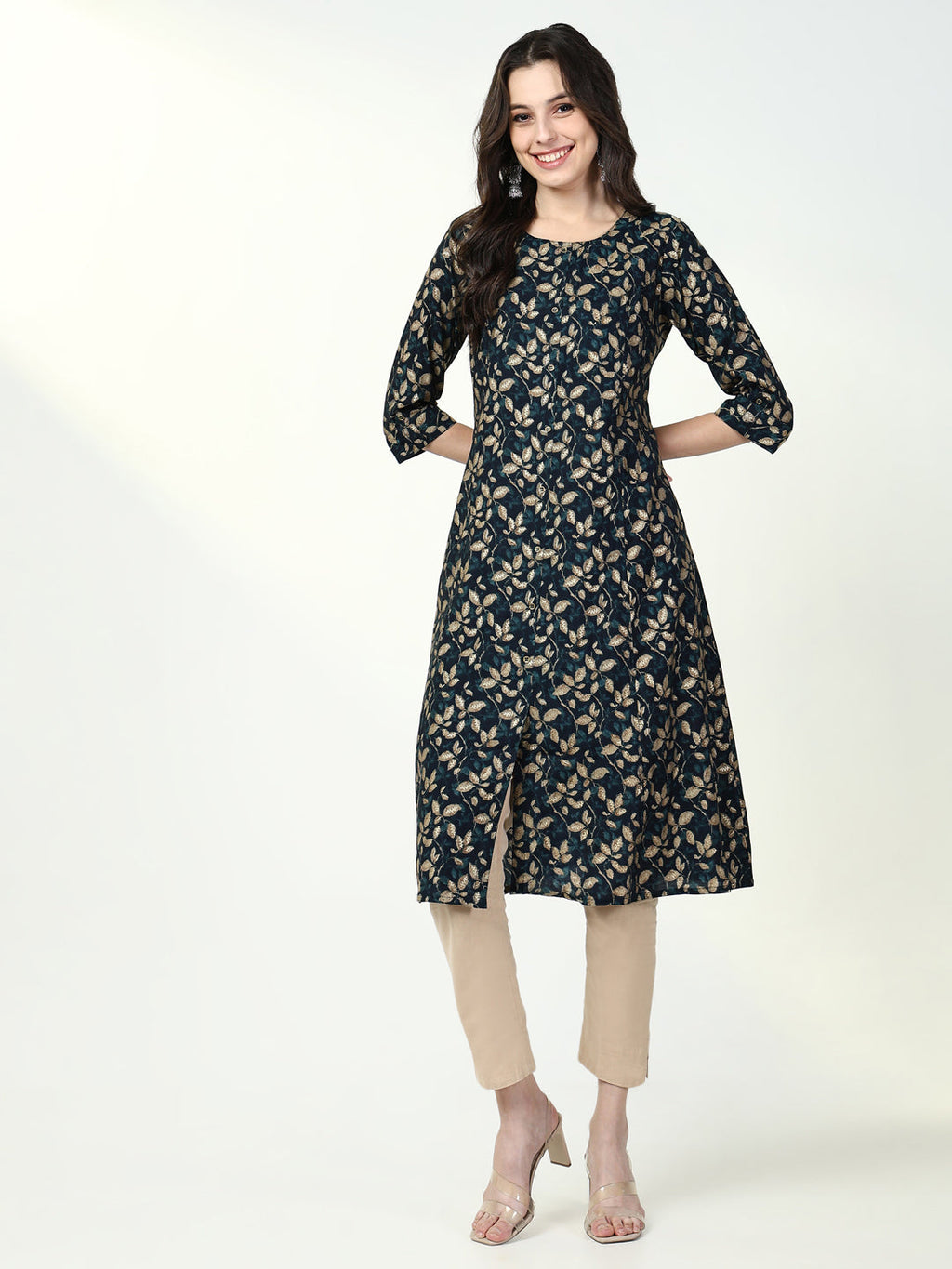 Women's Teal Floral Straight Kurta