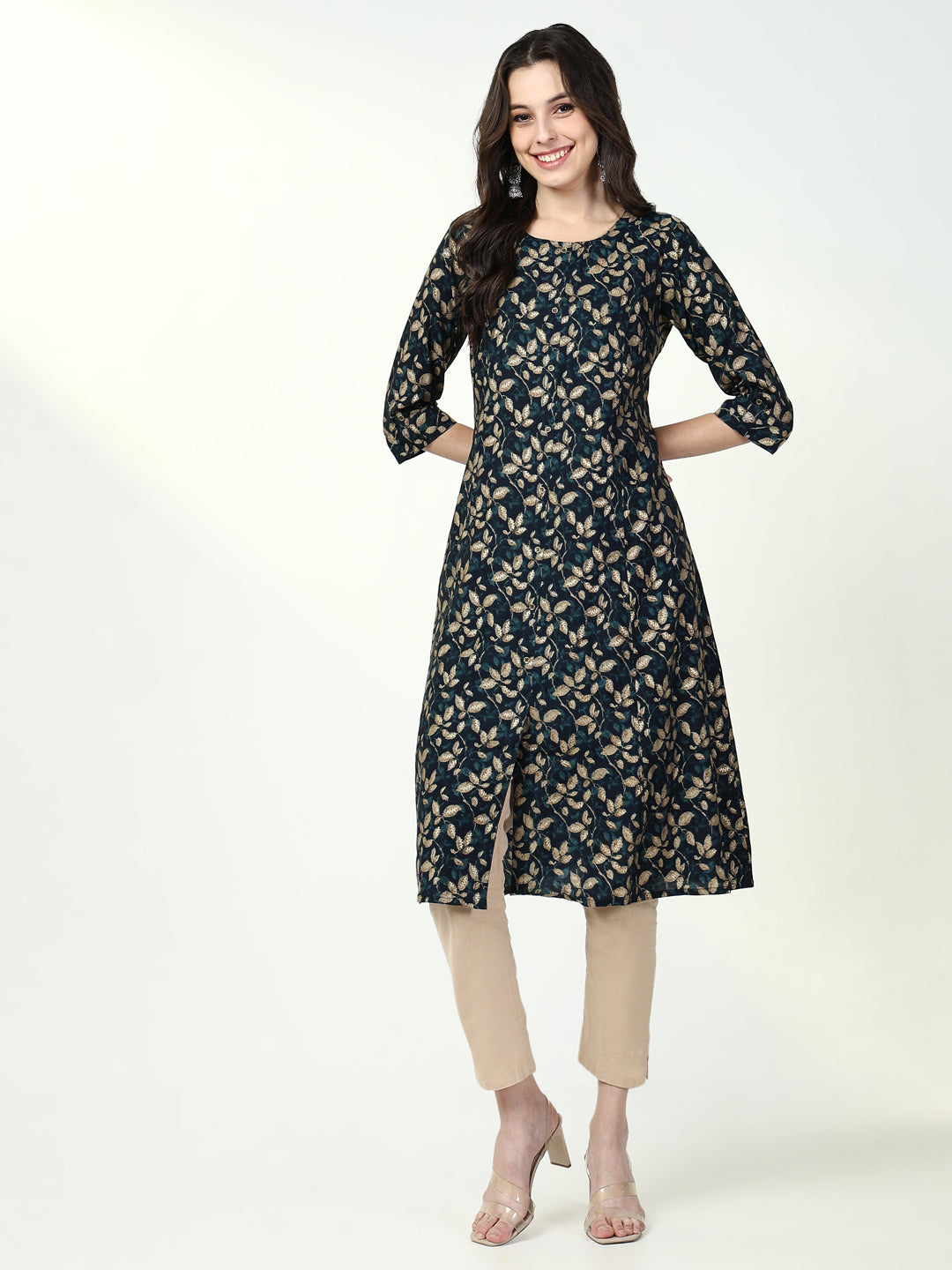 Women's Teal Floral Straight Kurta