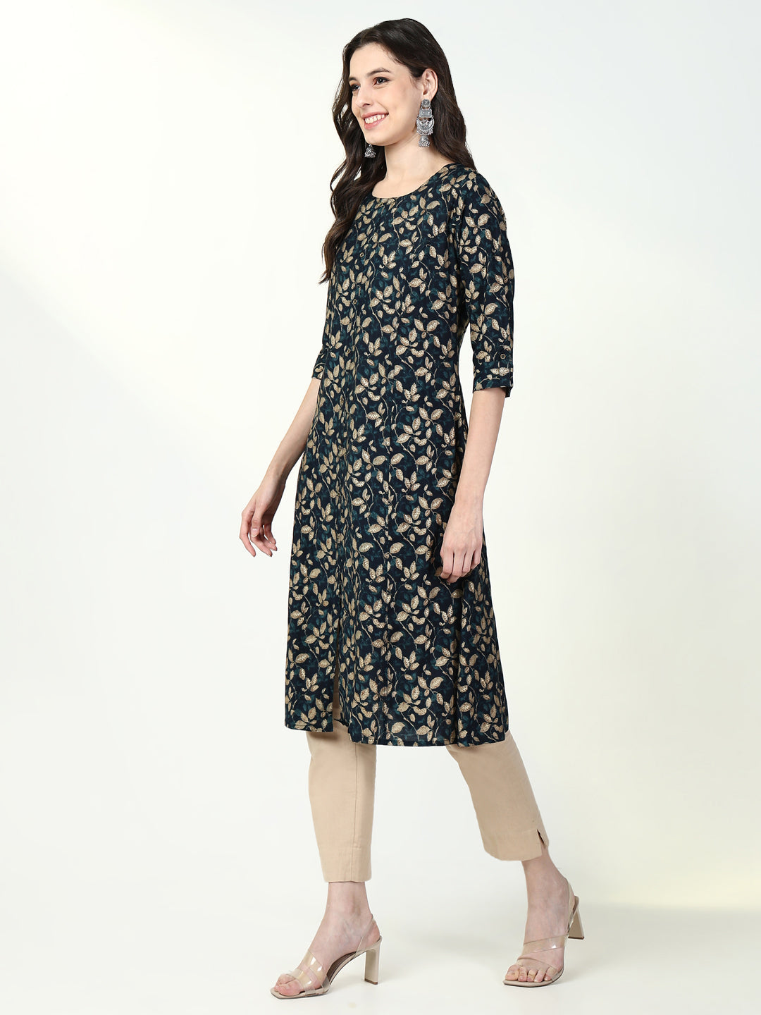 Women's Teal Floral Straight Kurta