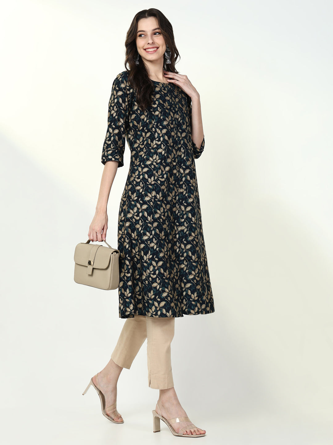 Women's Teal Floral Straight Kurta