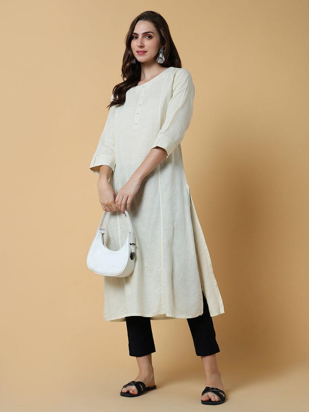 Women's Cream Abstract Straight Kurta