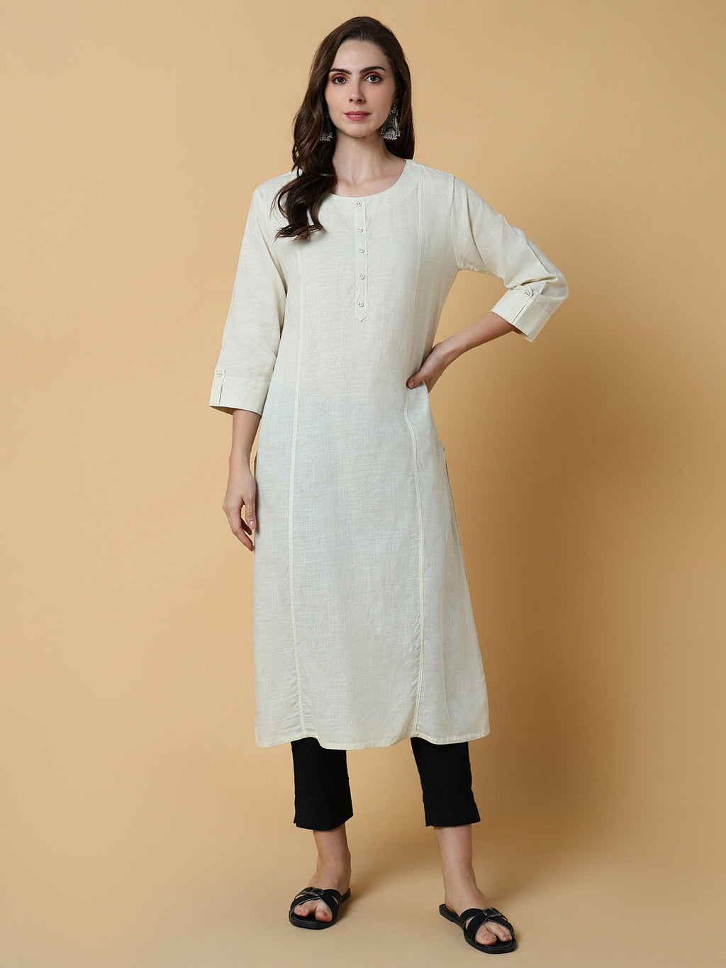Women's Cream Abstract Straight Kurta