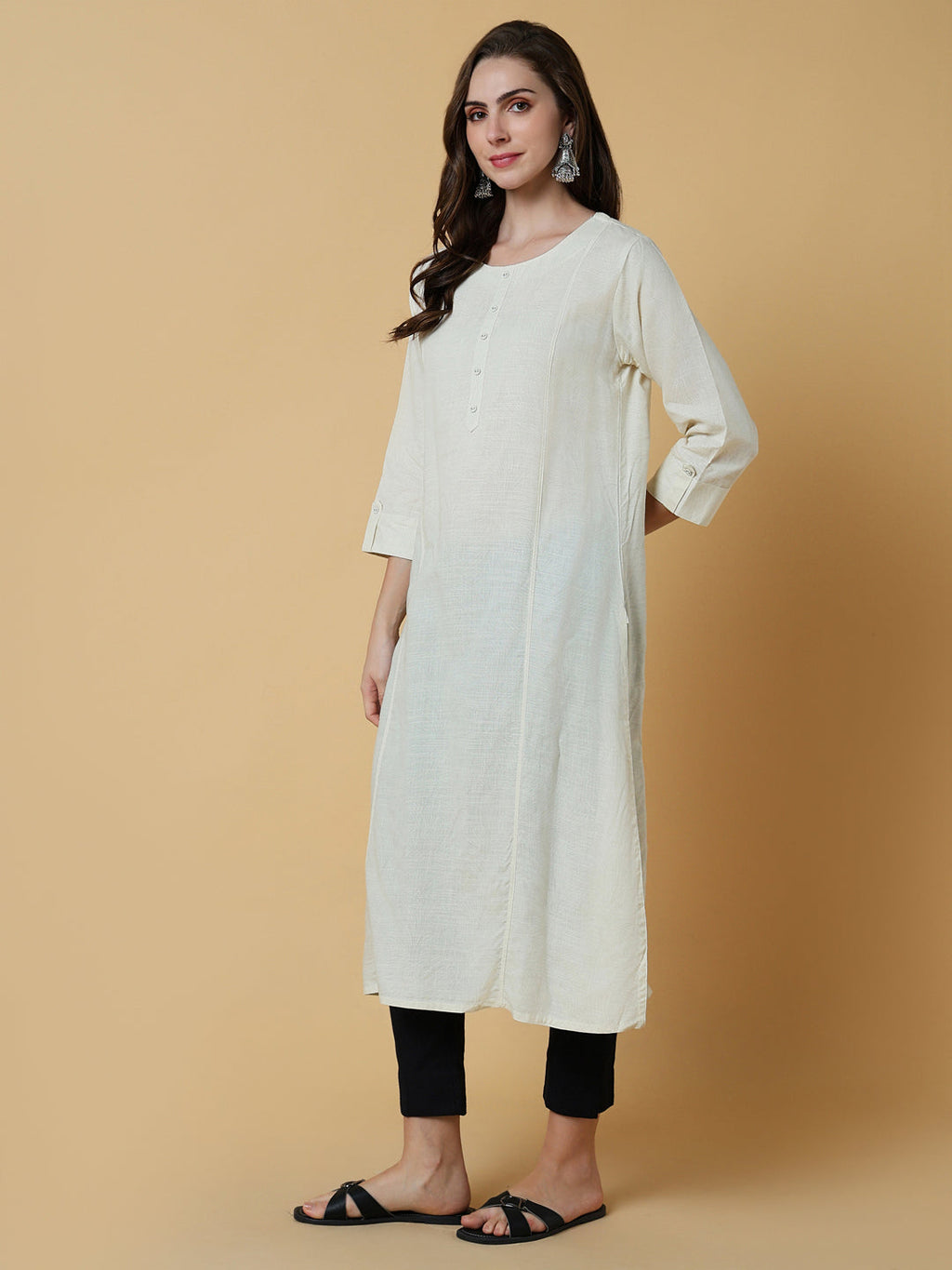 Women's Cream Abstract Straight Kurta
