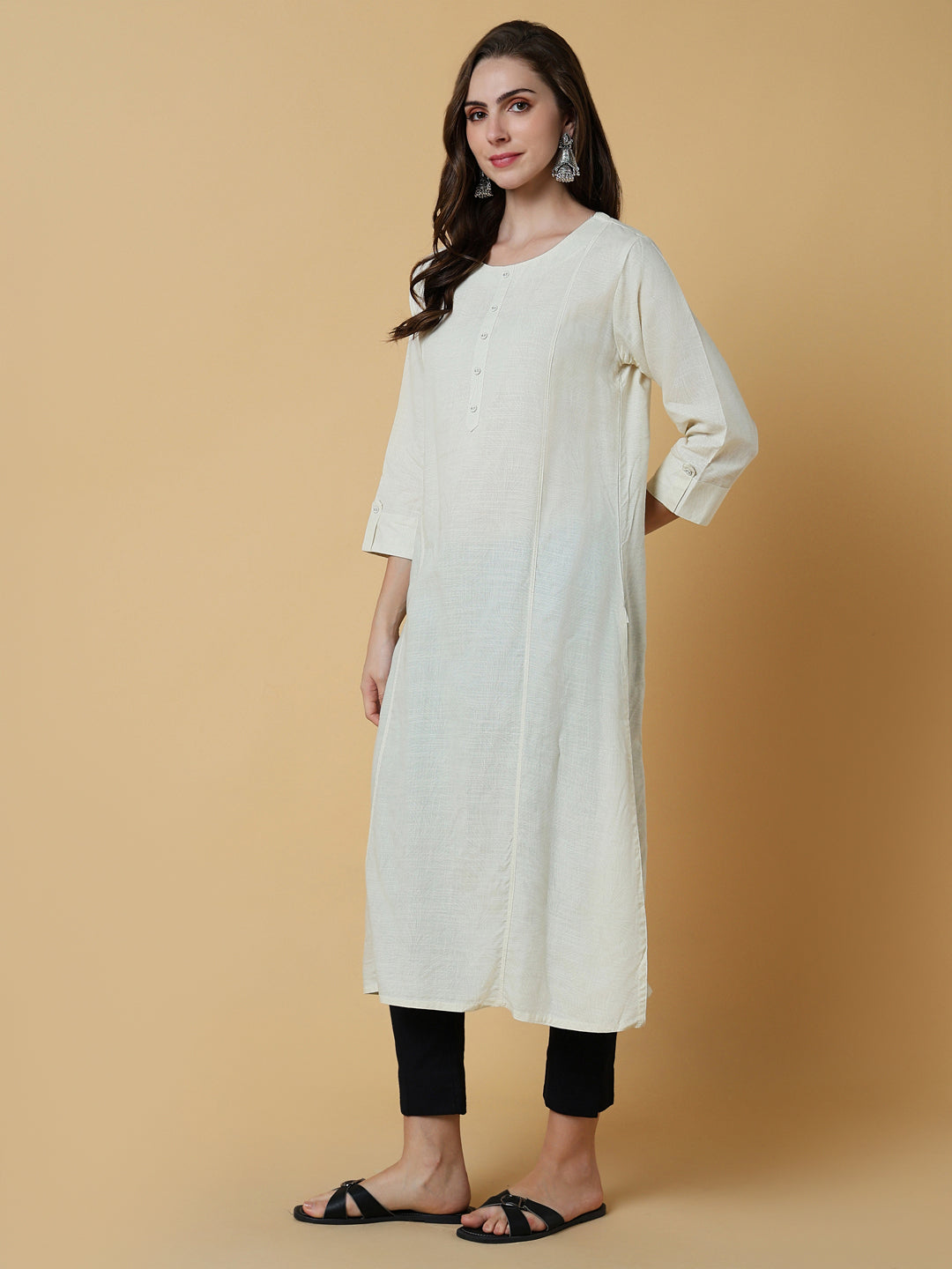 Women's Cream Abstract Straight Kurta