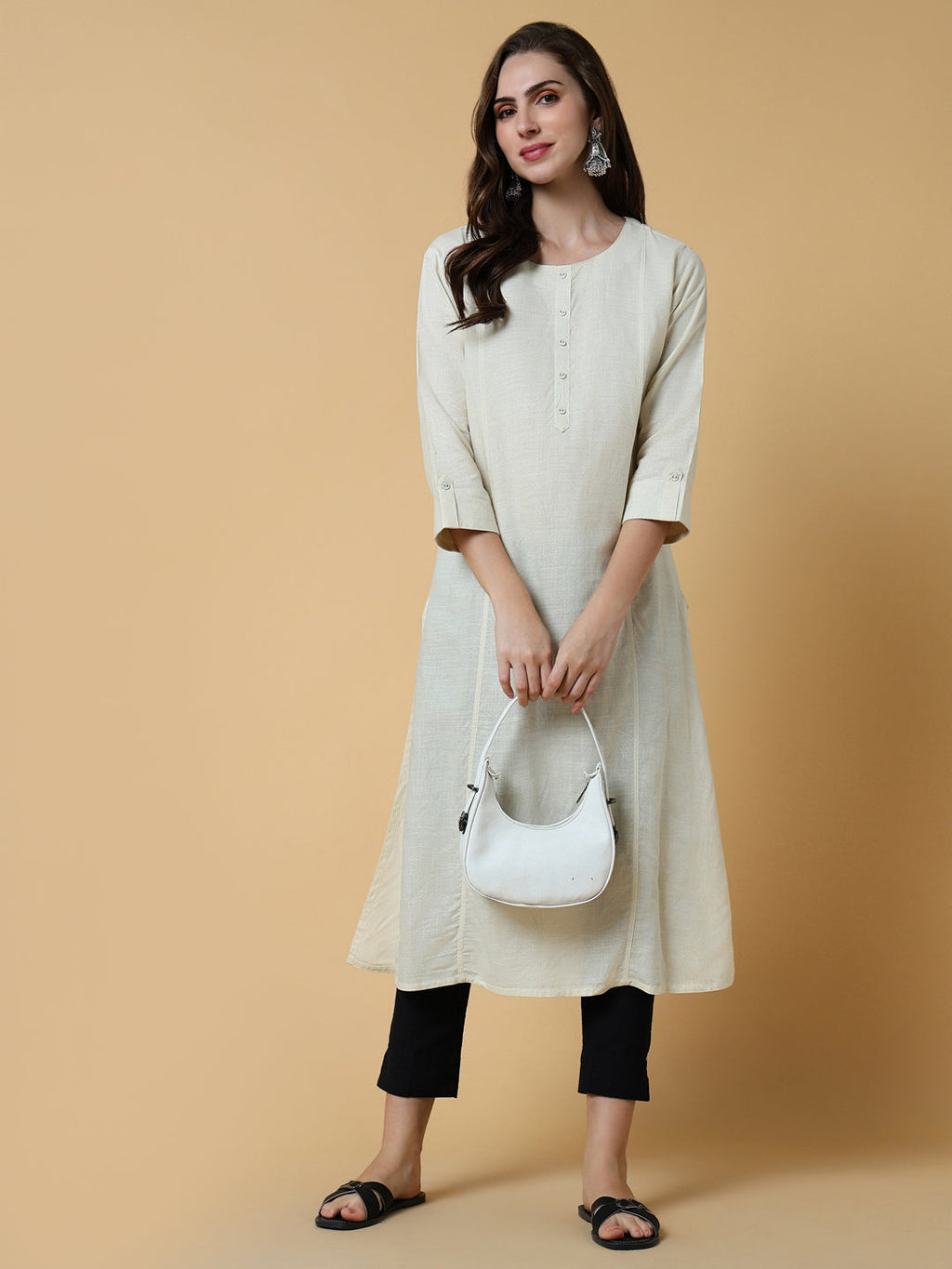 Women's Cream Abstract Straight Kurta