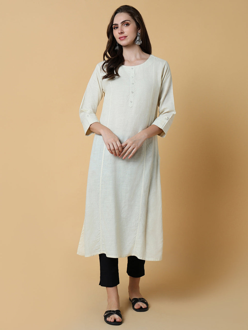 Women's Cream Abstract Straight Kurta