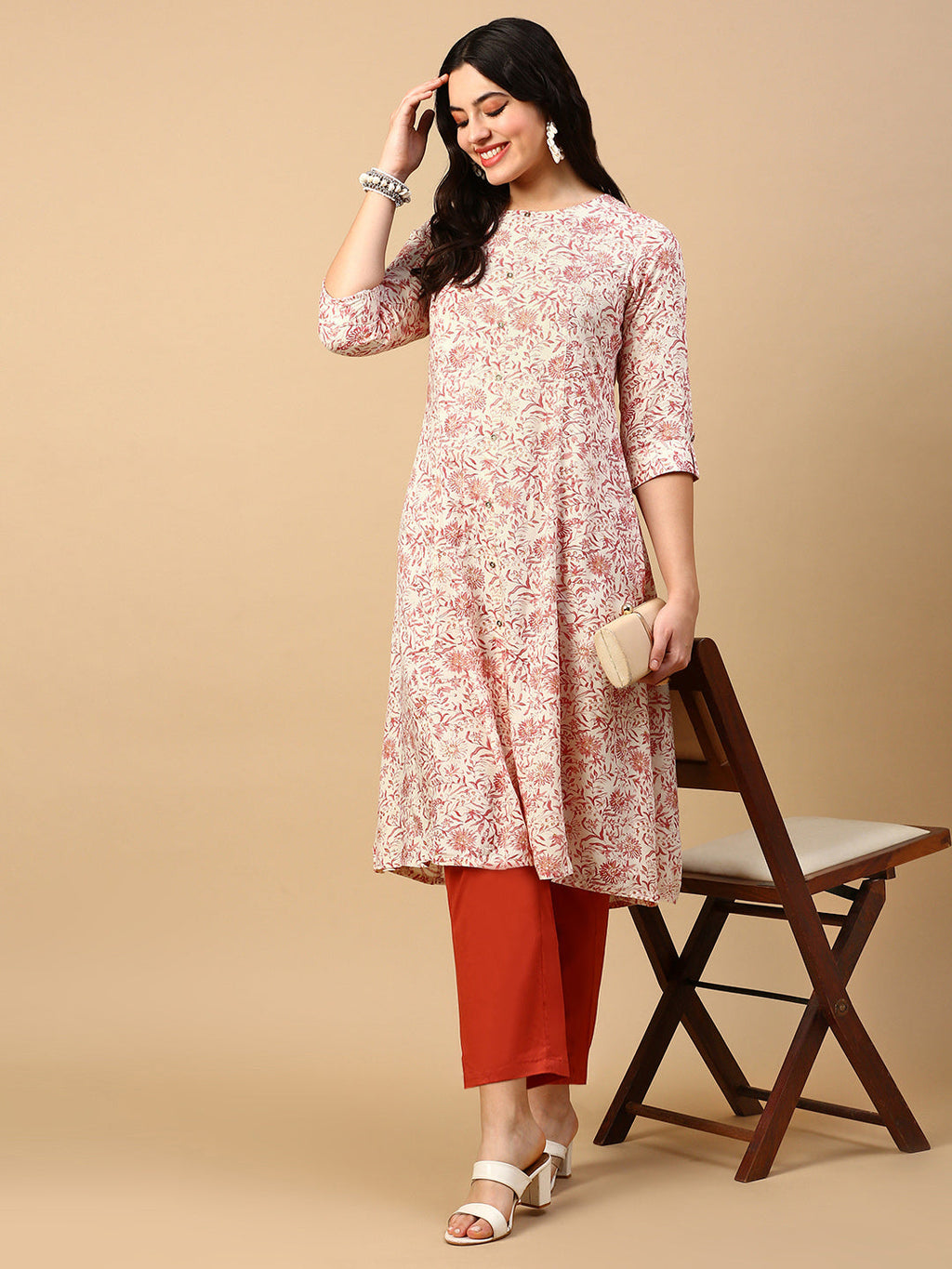 Women's Cream Floral A Line Kurta