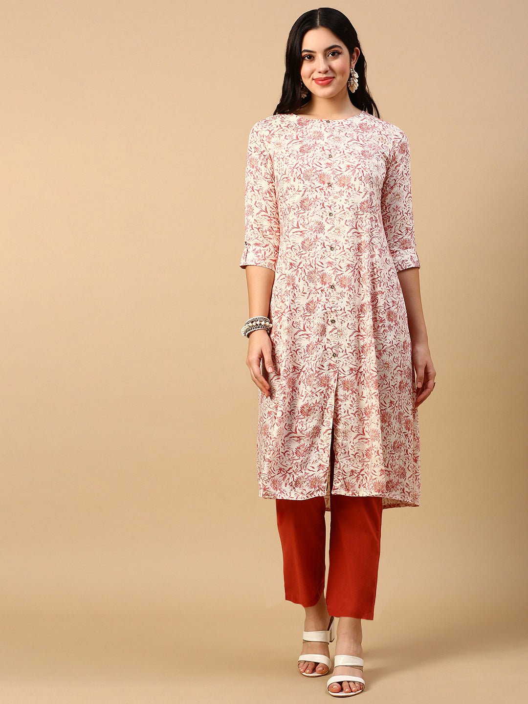 Women's Cream Floral A Line Kurta