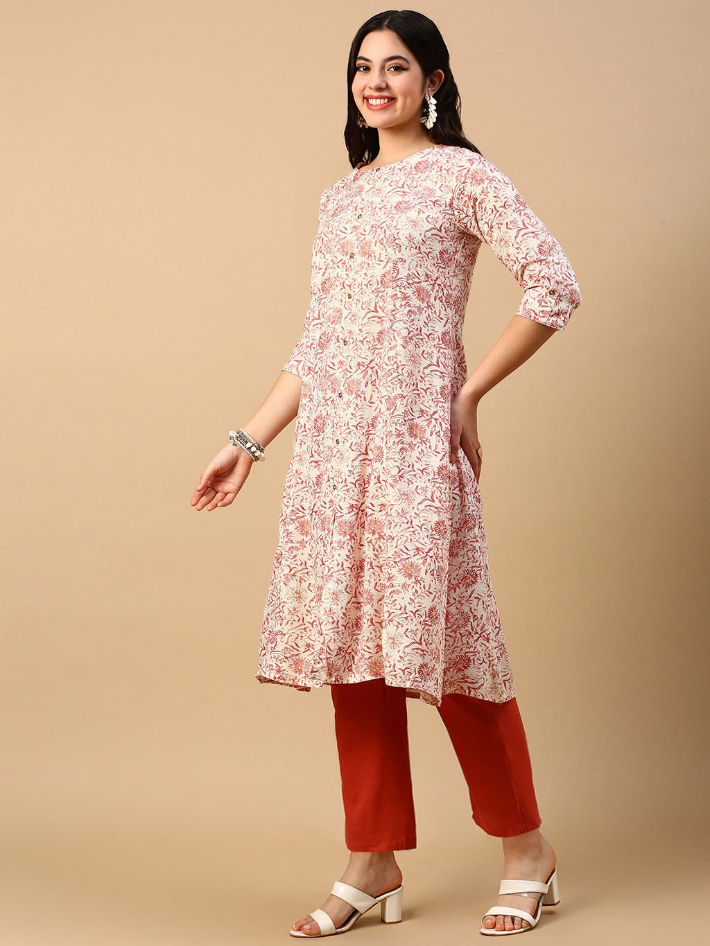 Women's Cream Floral A Line Kurta