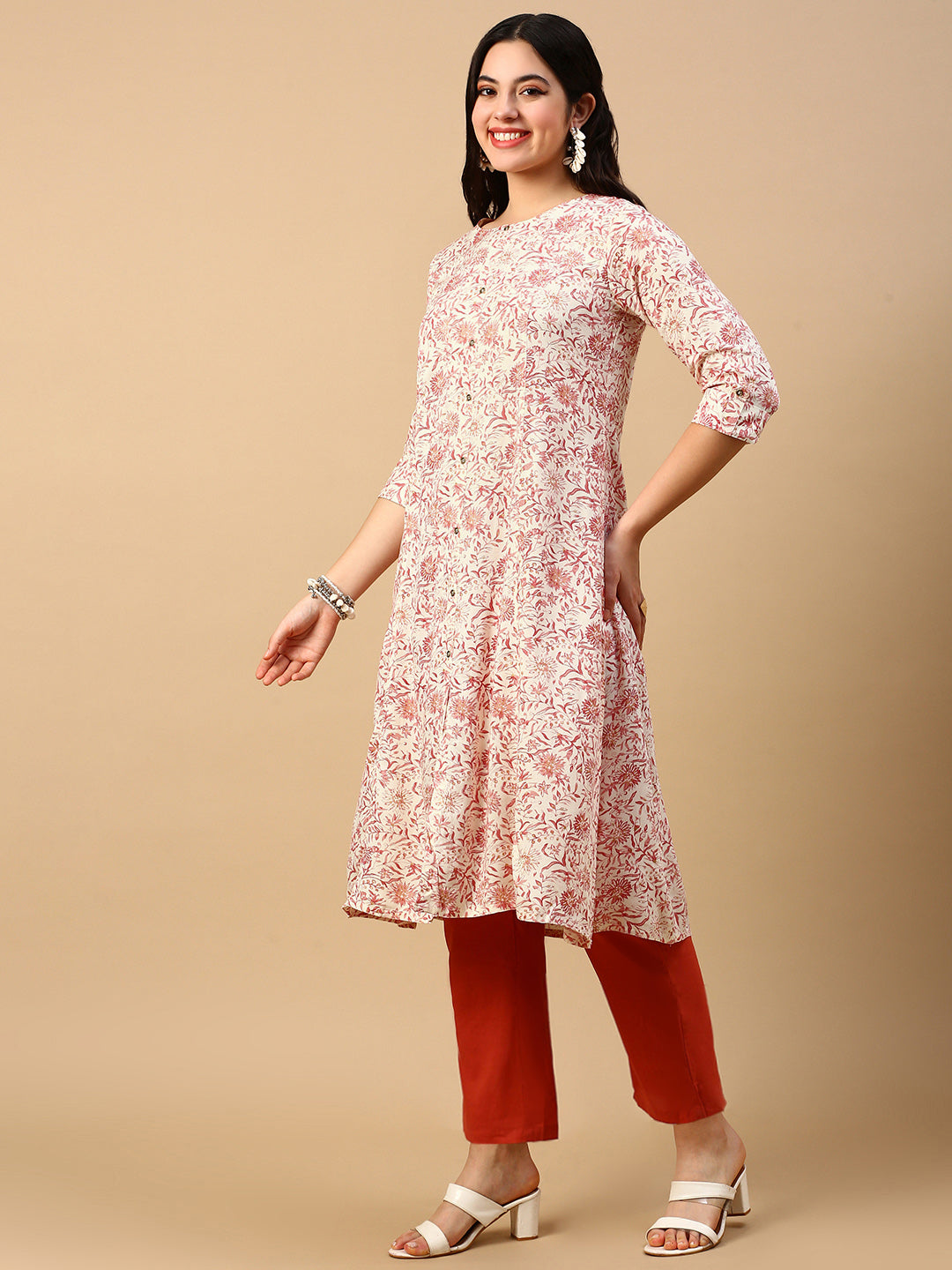 Women's Cream Floral A Line Kurta