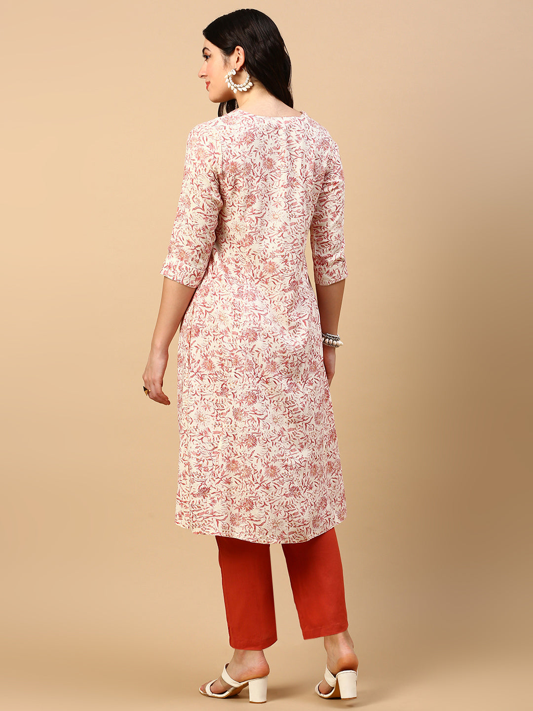 Women's Cream Floral A Line Kurta