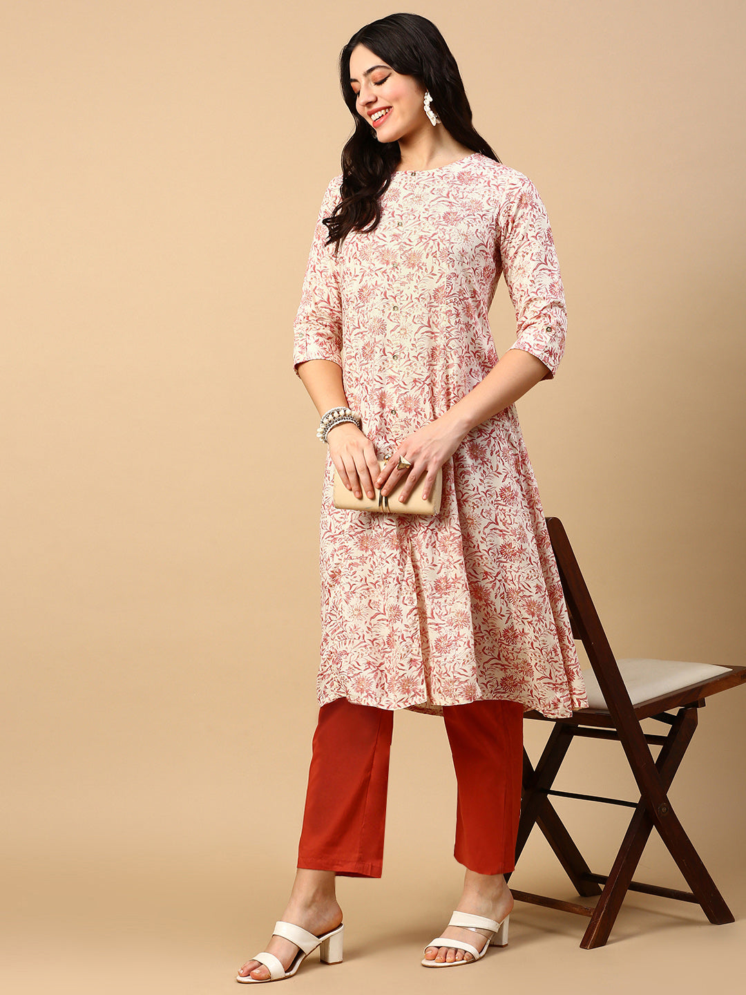 Women's Cream Floral A Line Kurta