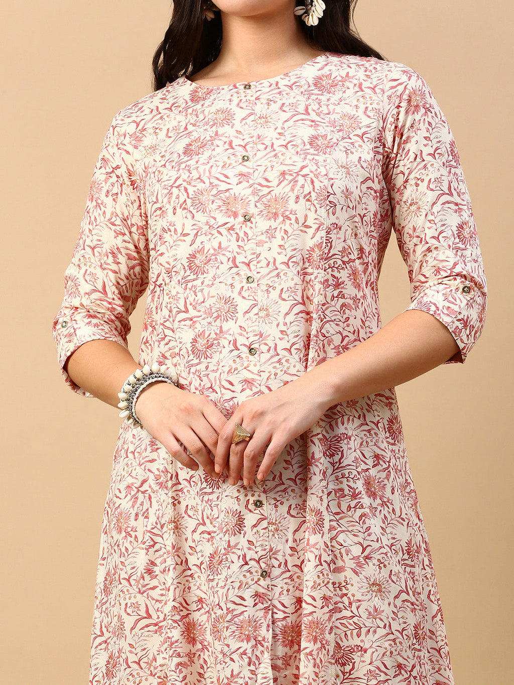 Women's Cream Floral A Line Kurta