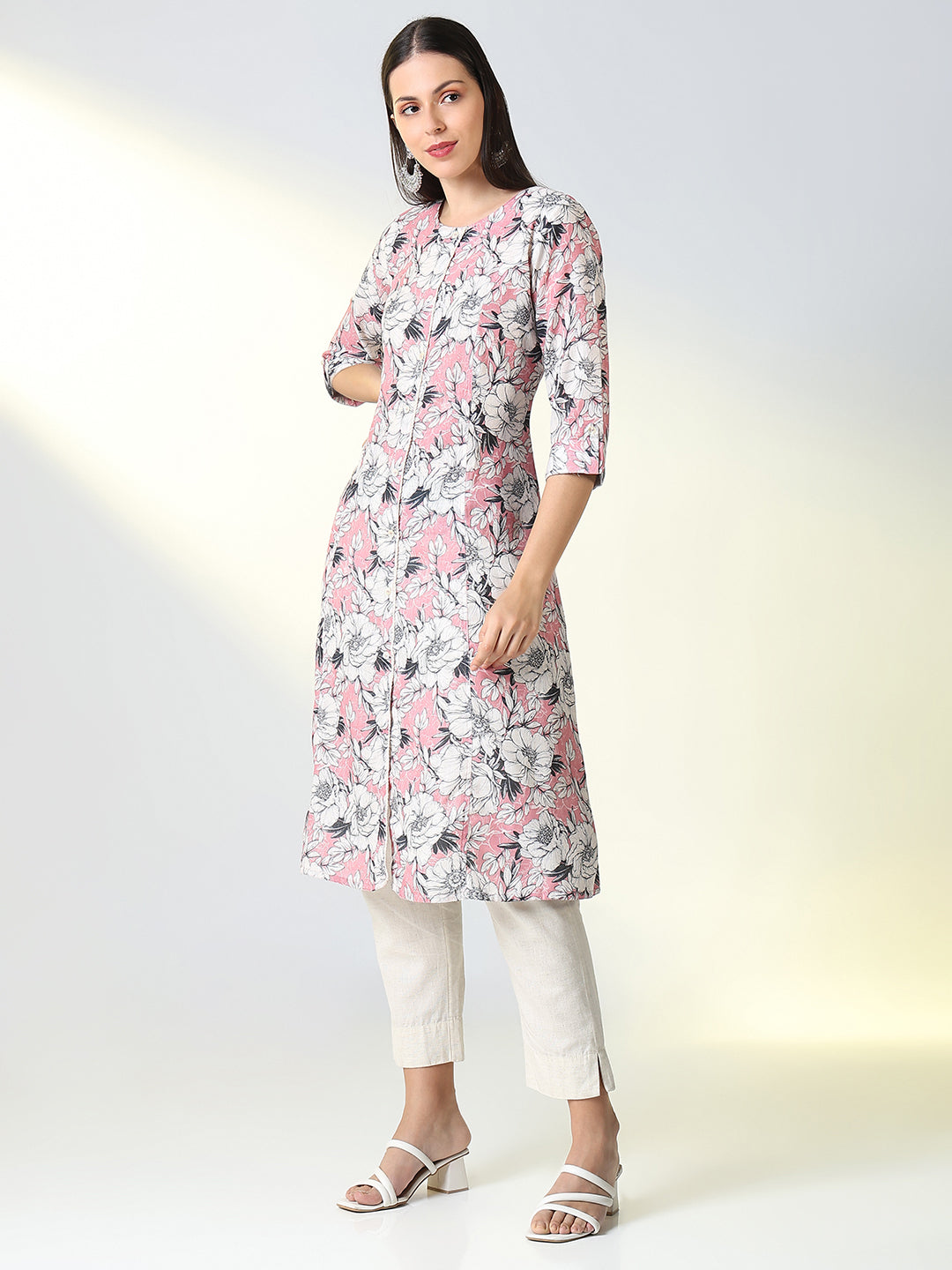 Women's Pink Floral A Line Kurta