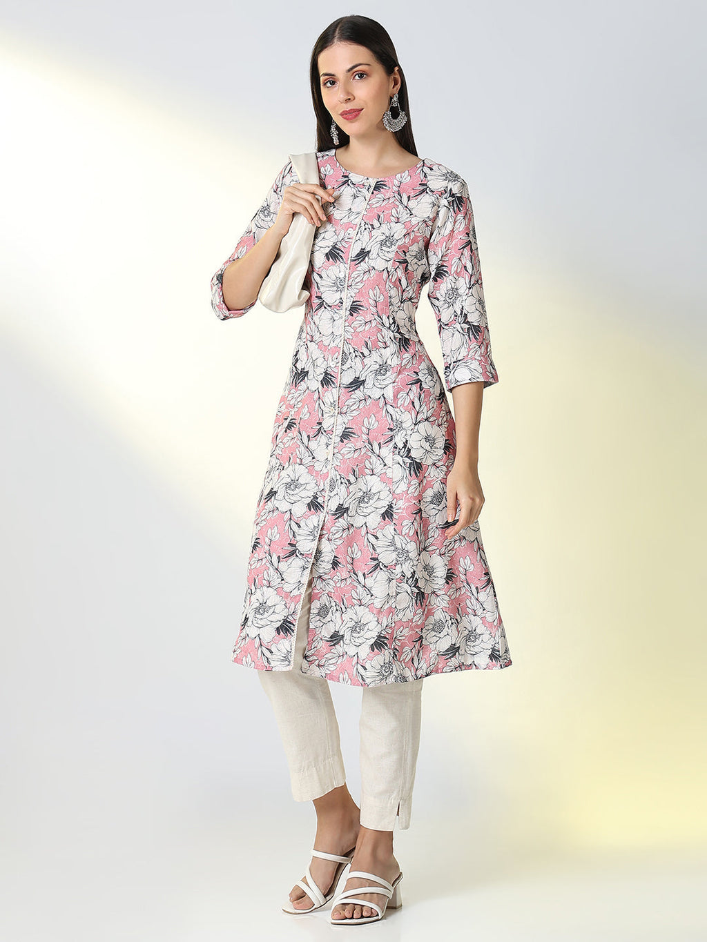 Women's Pink Floral A Line Kurta